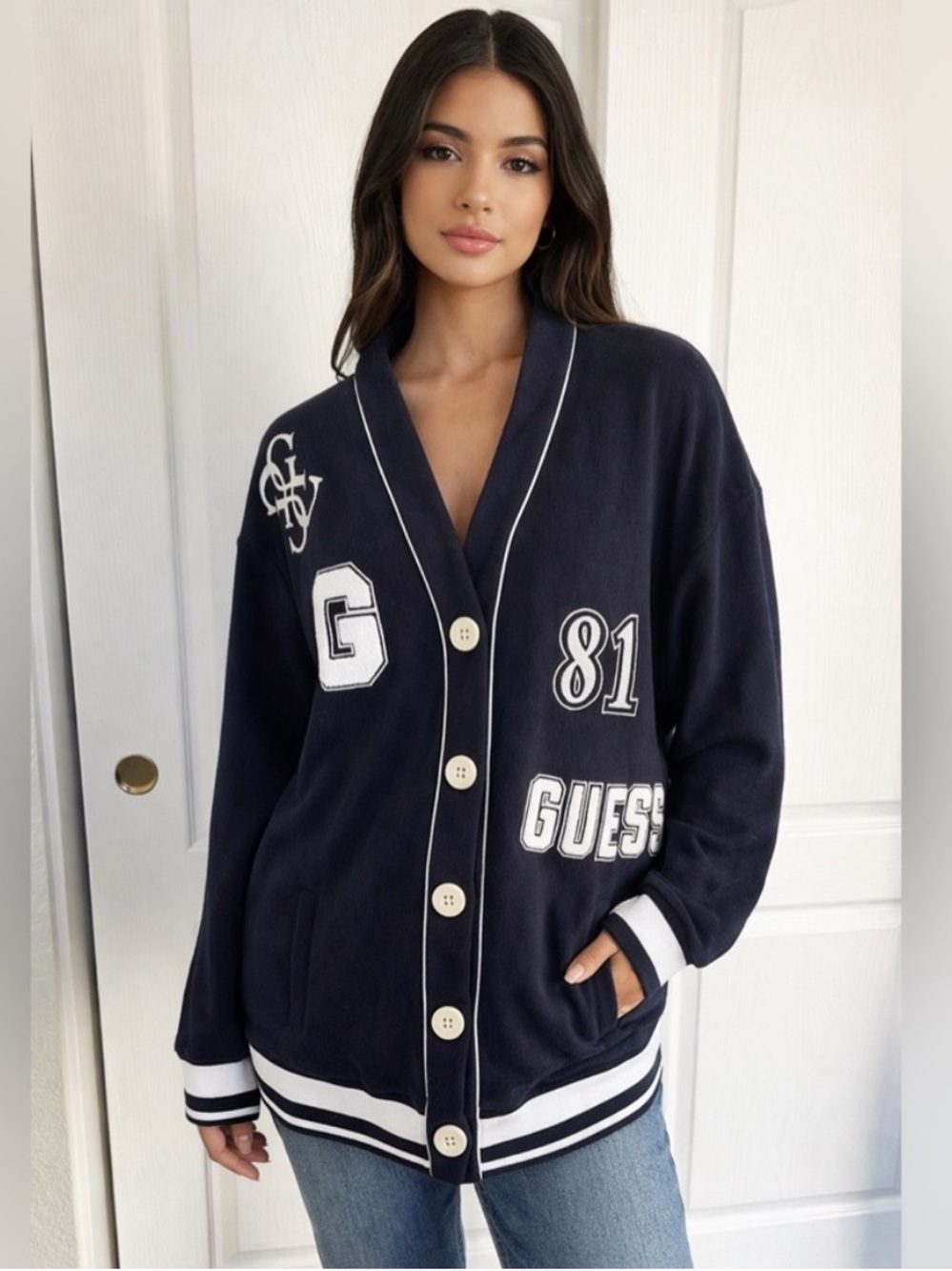 New Guess Noele Boucle Varsity Cardigan in Daring Ocean Size Small